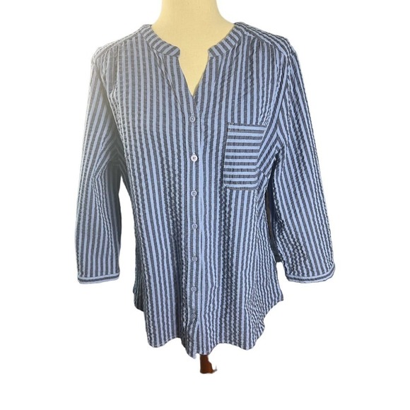Women’s D& Co Popover Blouse, 3/4 Sleeves in Pinstriped shades of Blue, size XL - Picture 1 of 10